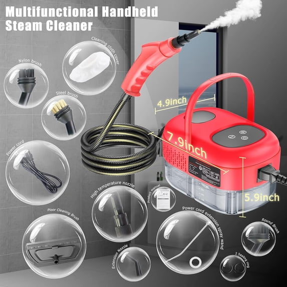 Handheld Steam Cleaner with Touch Screen, Portable Steamer for Home Car Detailing Walls Grout Couch Tile Carpet, Red