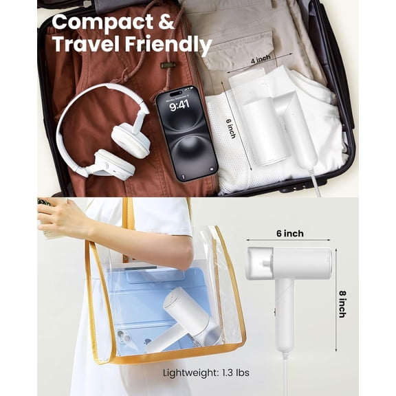 Handheld Steamer for Clothes, 1200W Foldable Travel Steamer, 20 Sec Preheat Garments Wrinkle Remover, 120V Portable Hand Iron with 150ml Water Tank, Clothes Steamer for Home Travel-White