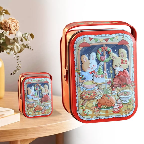 Handheld Tin Box Cookie Can Rabbit Pattern Candy Baking Packaging, Christmas Dinner Design, Metal, 1 Piece