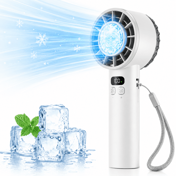 Portable Handheld Fan with Ice Cooling, 100 Speed Personal Turbo Fan Rechargeable, Up to 12Hrs Cooling Fan, LED Display, Ultra-Quiet, Mini Hand Fan for Beach Vacation,Travel