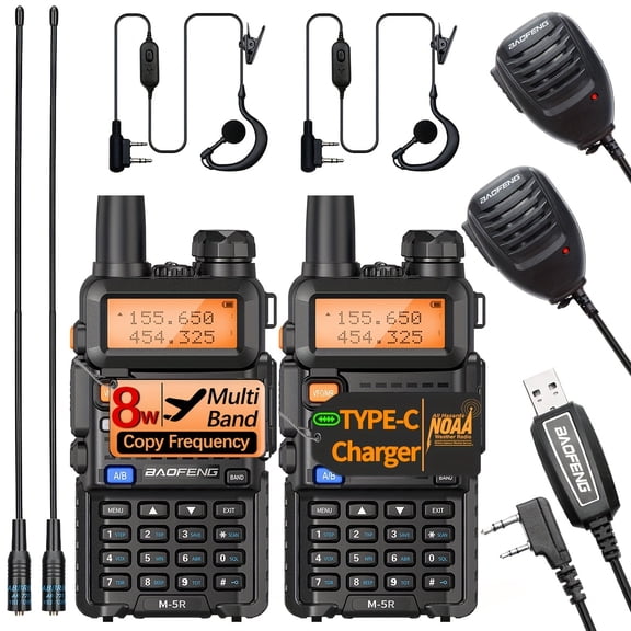 Handheld Two Way Radio Long Range Rechargeable Walkie Talkies, GMRS Repeater Capable NOAA Weather Radio with Programming Cable Speaker Mic Earpiece Kit, 2 Pack