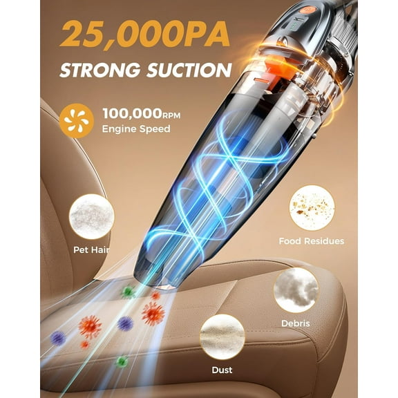 Handheld Vacuum Cordless 25000PA Powerful Suction, Portable Car Vacuum, 3 in 1 Hand Held Vacuum Rechargeable 8000mAh with LED Light, HEPA Filter, Home, Car Seats, Office, Pet Hair, Dust Buster