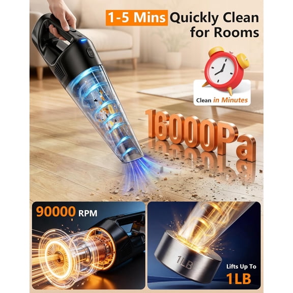 Handheld Vacuum Cordless Rechargeable with Charging Dock - 16000Pa Ultra-Strong Suction, Portable & Lightweight, Fast Charging, LED Light, 1000ML Super-Large Dust Cup, Long Battery Life for Home