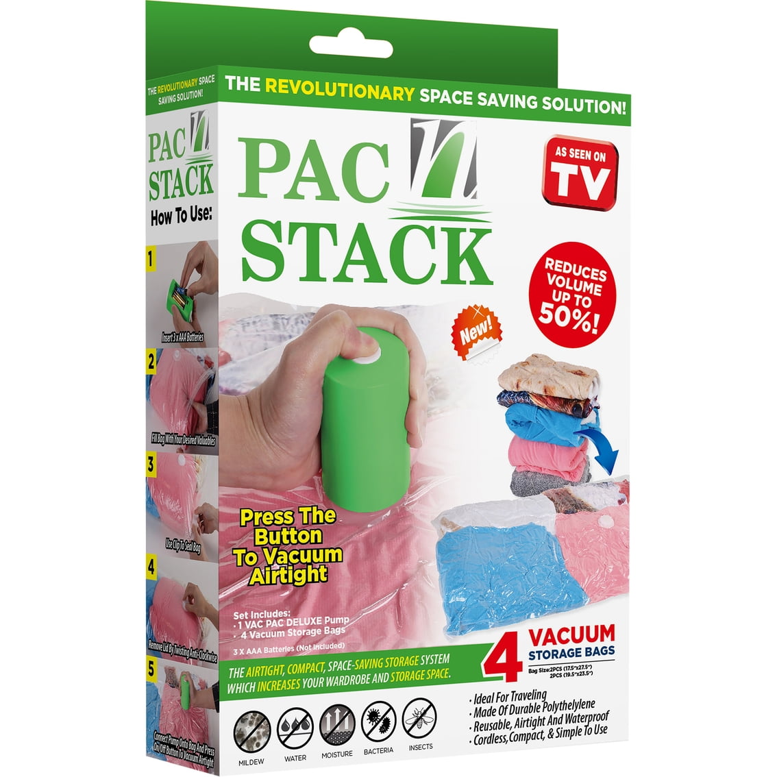 Pac N Stack 4-Pack Vacuumed Air-Tight Storage Bags With Pump, Clear, 2 –  ShopBobbys