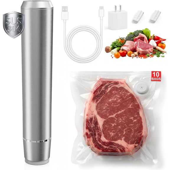 Handheld Vacuum Sealer, 304 Stainless Steel Food Saver Sealer Machine with 10 Reusable Bags & Adapter, Cordless Rechargeable Compact for Food, Keep Fresh Reduce Waste