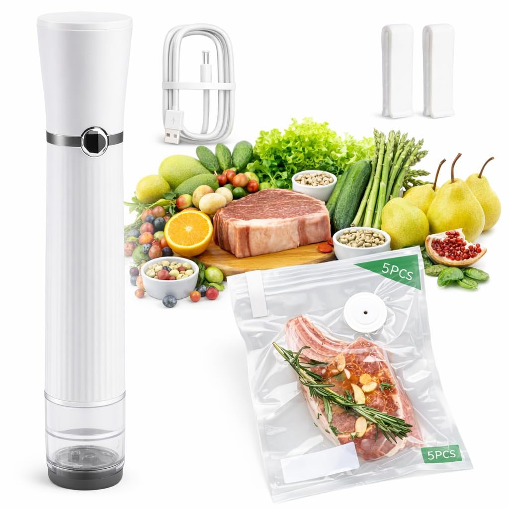 Handheld Vacuum Sealer  Detachable & Easy To Clean Includes 5 Reusable Bags Portable Food Saver Extends Freshness 10x Auto Power Off For Kitchen Travel Outdoor