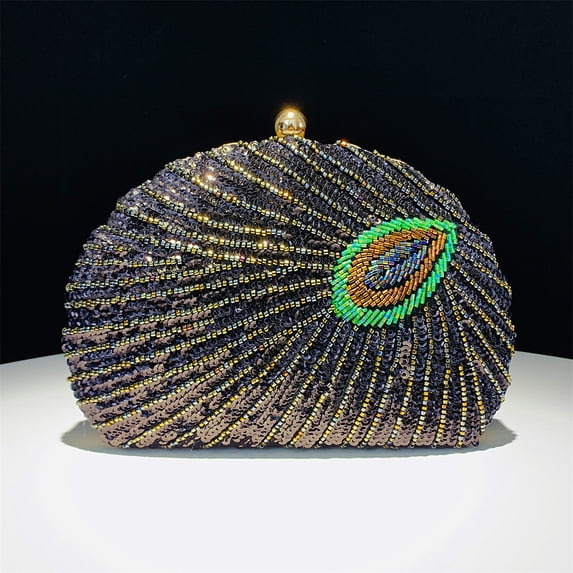 Handheld Women's Evening Clutch Bags Seashell Peacock Beaded Bag Banquet bag Handbags Bridal Wedding Purses,Black