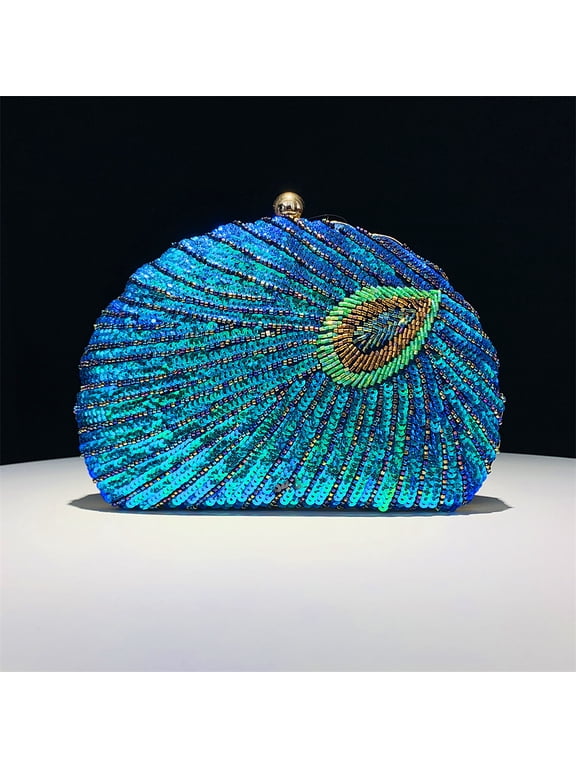 Handheld Women's Evening Clutch Bags Seashell Peacock Beaded Bag Banquet bag Handbags Bridal Wedding Purses,Peacock Blue