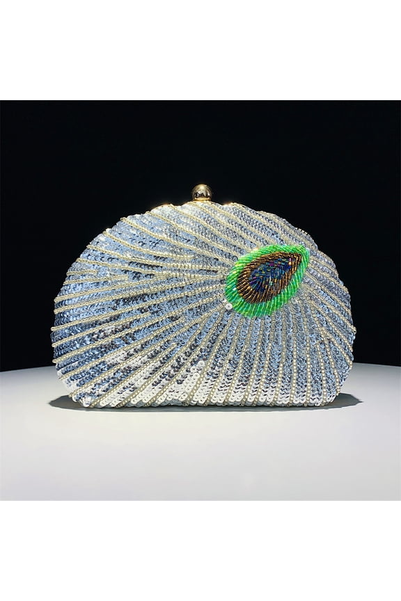 Handheld Women's Evening Clutch Bags Seashell Peacock Beaded Bag Banquet bag Handbags Bridal Wedding Purses,Silver