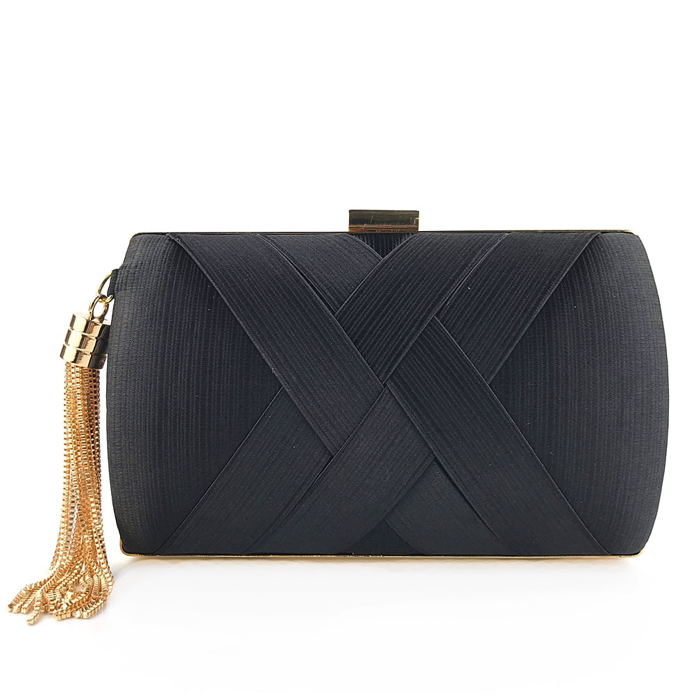 Handheld Women's Evening Clutch Bags Silk Satin Party Handbags Bridal Wedding Purses with Tassel Pendant,Black