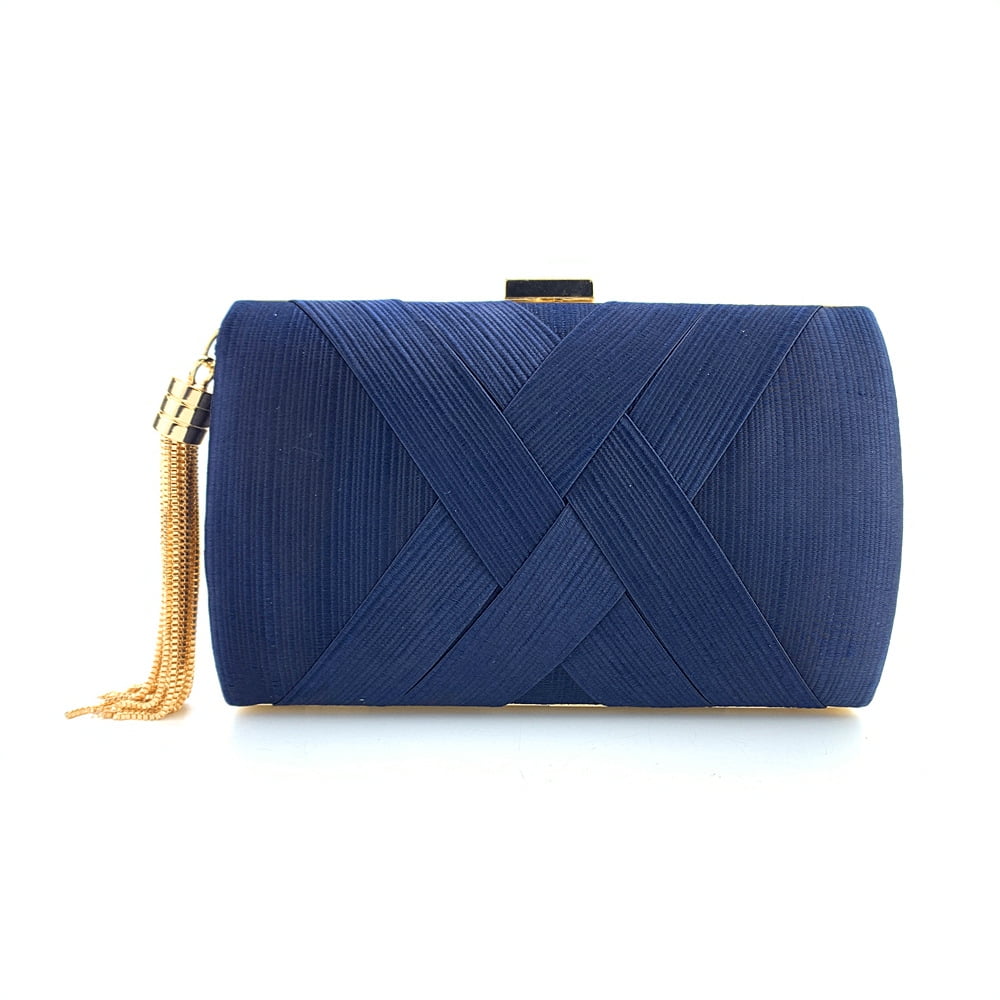 Handheld Women's Evening Clutch Bags Silk Satin Party Handbags Bridal Wedding Purses with Tassel Pendant,Blue Black