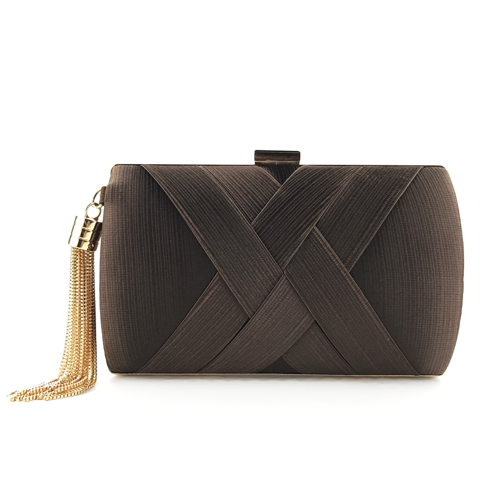 Handheld Women's Evening Clutch Bags Silk Satin Party Handbags Bridal Wedding Purses with Tassel Pendant,Dark Brown