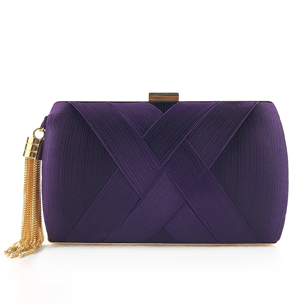 Handheld Women's Evening Clutch Bags Silk Satin Party Handbags Bridal Wedding Purses with Tassel Pendant,Dark Purple