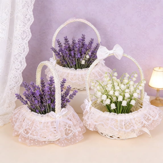 Handheld Woven Rattan Basket with Short Gauze Liner - Decorative Storage Basket for Candy Displays, Fresh Flower Arrangements, Wedding Bouquet Holders, Home Tabletop Accents, 7*5in, White