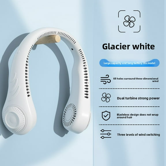 Handheld fan, hanging neck type leafless small fan, three-speed adjustment, USB charging, suitable for sports and outdoor travel.