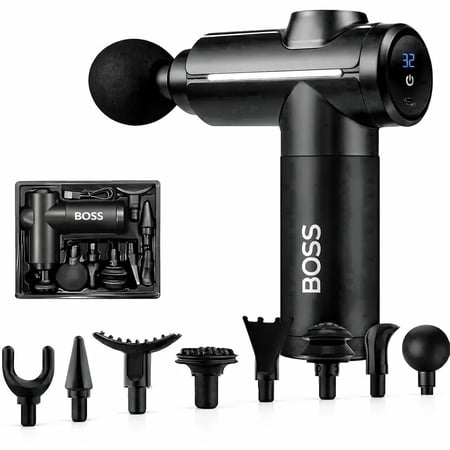BOSS 32 Speeds Ultra-Quiet Motor LCD Display Percussion Massage Gun w/ 8 Heads for Home, Gym, Office, Black