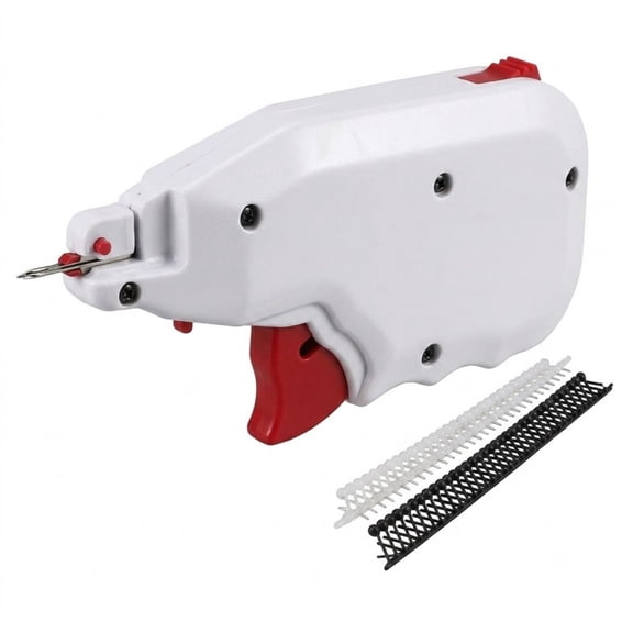 Handheld no-sew button fixing tool for one-hole, two-hole, and four-hole buttons. Easy press trigger repair for coats, shirts, and jackets. Compact emergency kit in red and white