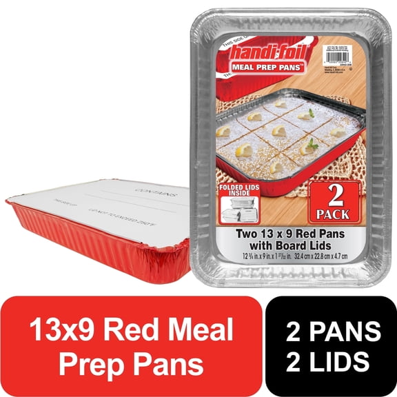 Handi-Foil 13" x 9" Aluminum Red Meal Prep Pans with Board Lids, 2 Count
