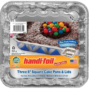 Handi-Foil 8" Square Aluminum Blue Geometric Pan w/Lids 3 count per pack.