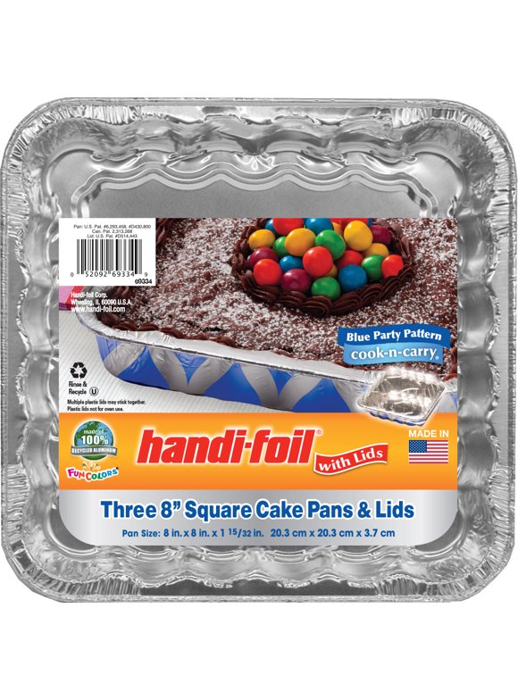 Handi-Foil 8" Square Aluminum Blue Geometric Pan w/Lids 3 count per pack.
