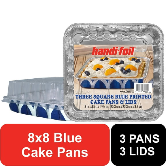 Handi-Foil 8" Square Aluminum Blue Geometric Cake Pan with Lids, 3 Count