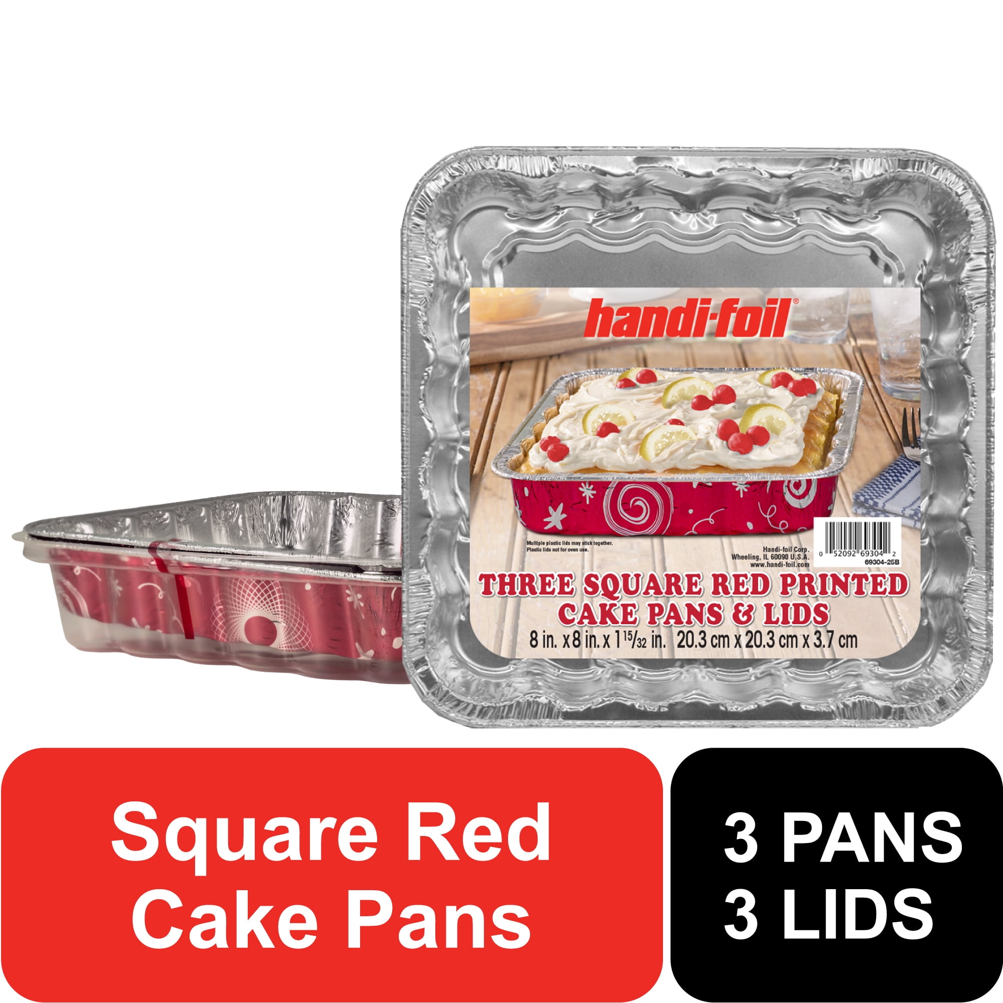 Handi-Foil 8" Square Aluminum Red Pan with Lids, 3 Count