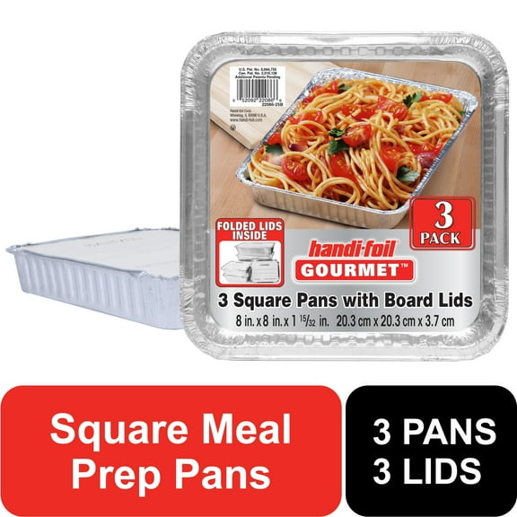 Handi-Foil Square 8" Aluminum Meal Prep Pans with Folded Lids, 3 Count