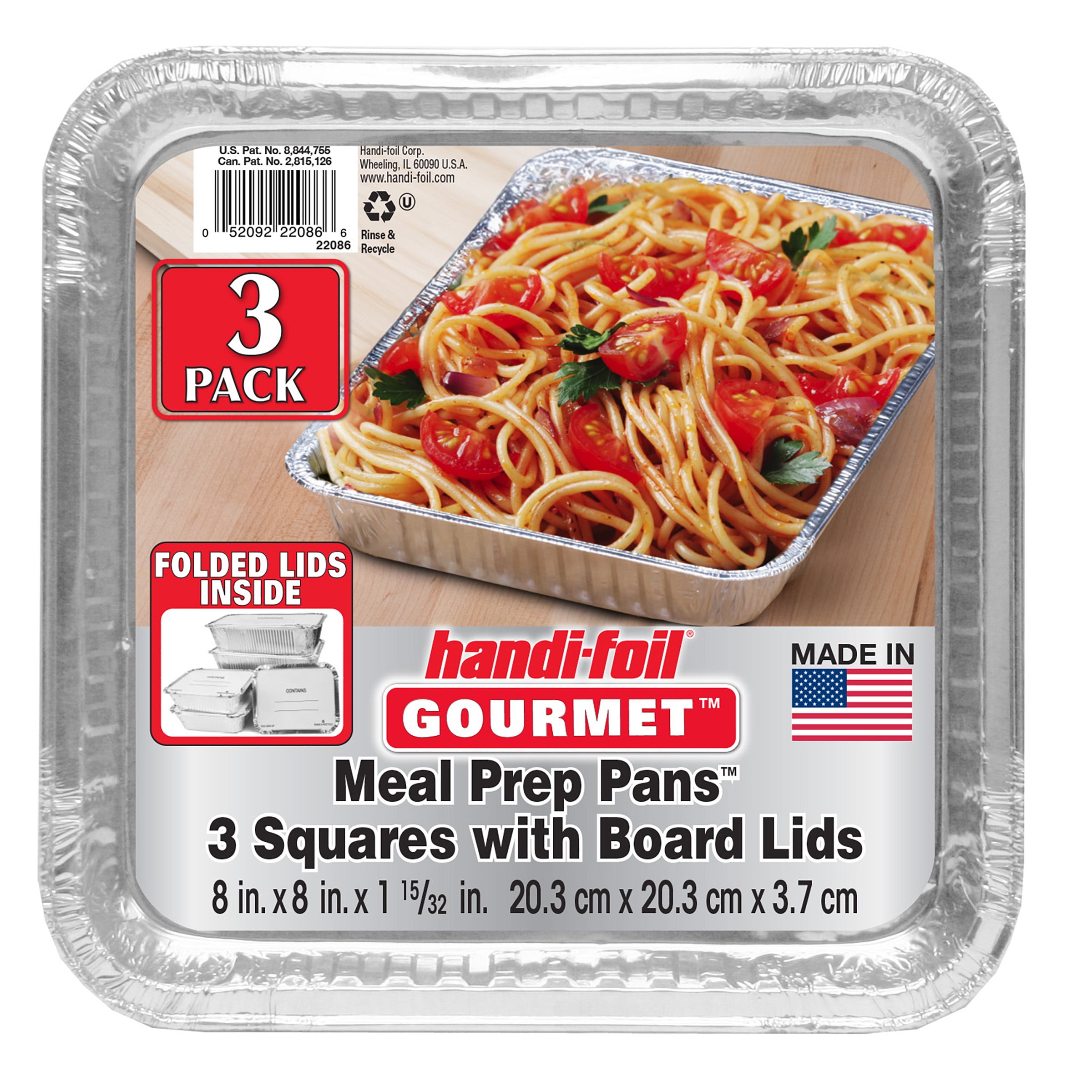 Handi-Foil 8 x 8 Square Aluminum Meal Prep Pans with Folded Lids, 3 Count per pack Take-Out Containers