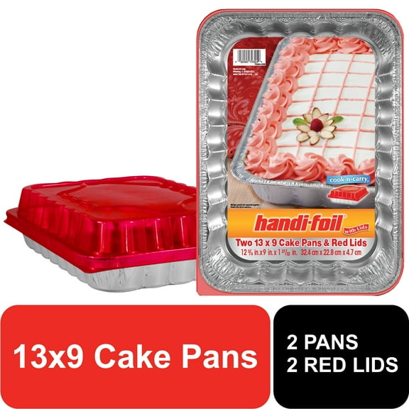 Handi-Foil 13" x 9" Aluminum Cake Pans with Red Lids, 2 Count