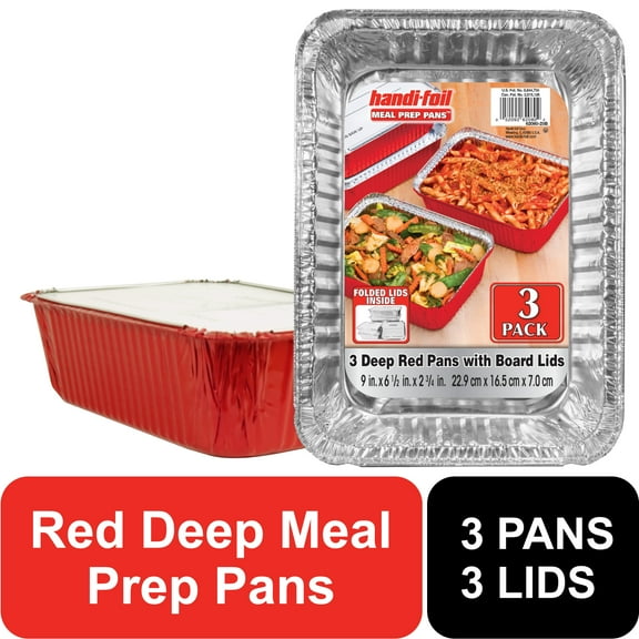 Handi-Foil Aluminum Oblong Meal Prep Pan Red with Folded Lids, 3 Count