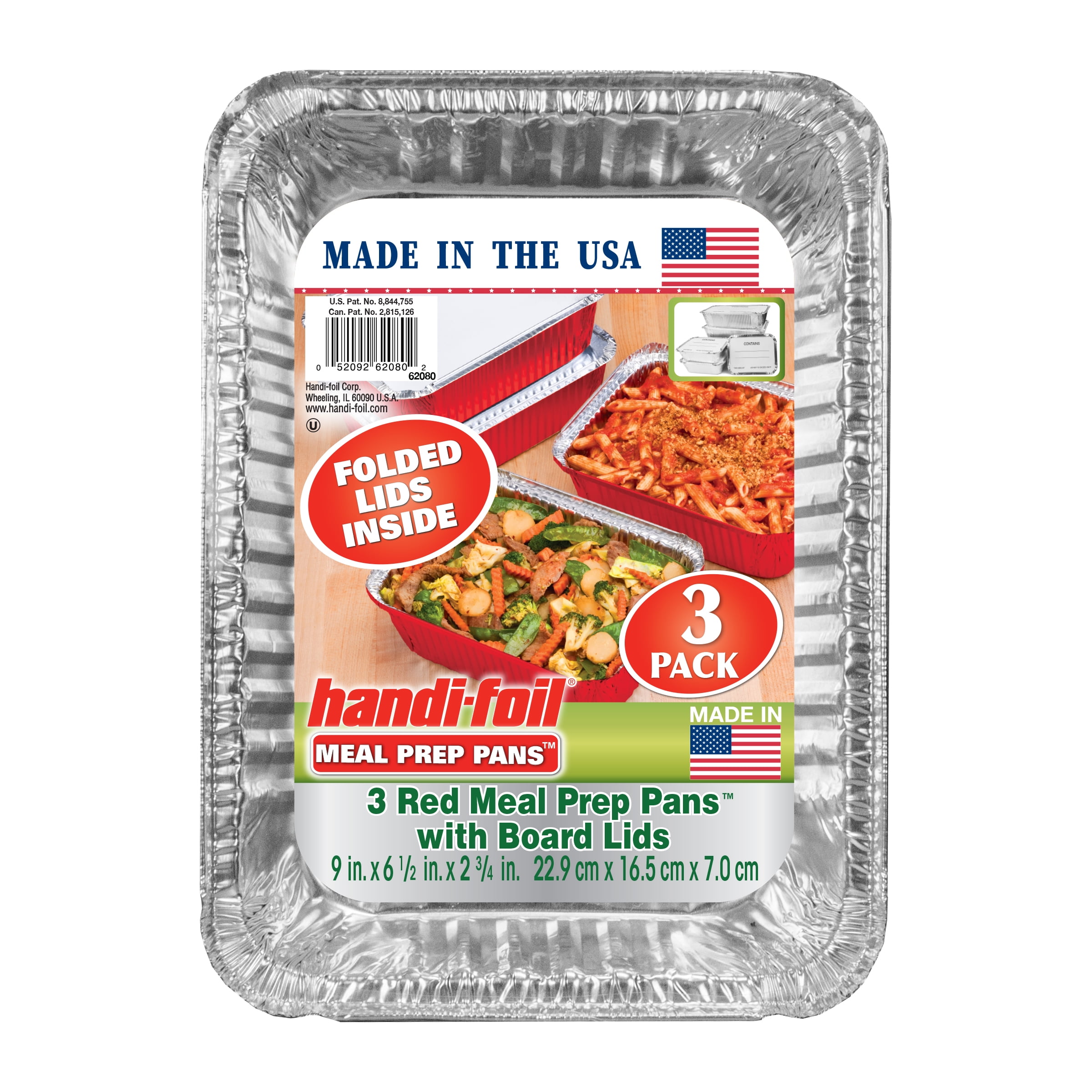 Handi-Foil Aluminum Oblong Meal Prep Pan Red w/ Folded Lids, 3 Pack