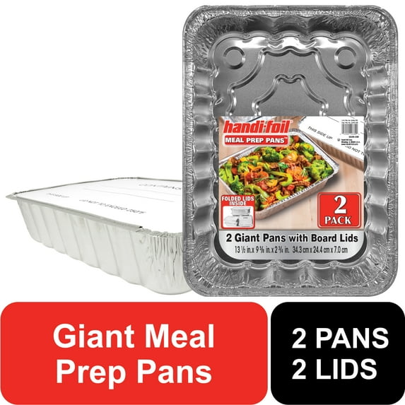Handi-Foil 13.5" x 9.6" Aluminum Giant Meal Prep Pans with Folded Lids, 2 Count