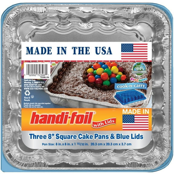 Handi-Foil Square Cake Pans & Blue Lids, 3 pk - 8" x 8"- Pack of 2