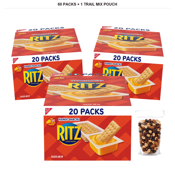 Handi-Snacks Ritz Crackers N Cheesy Dip Snack Packs, 60 Snack Packs with 1 Bybies Trail Mix Pouch, 2 oz