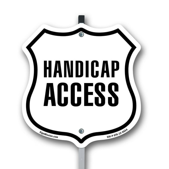 Handicap Access 12 inch X 12 inch Shield Shaped Rust-Free Aluminum Metal Sign with Aluminum Mounting Stake Weather Resistant Made in the USA