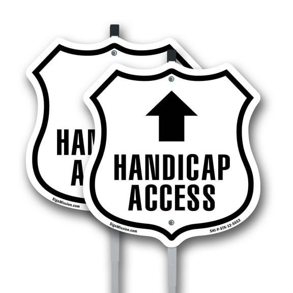 Handicap Access Up (2 Pack) 12 inch X 12 inch Shield Shaped Commercial Grade Plastic Signs with Aluminum Mounting Stakes Weather Resistant Made in the USA