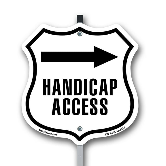 Handicap Access Right 12 inch X 12 inch Shield Shaped Commercial Grade Plastic Sign with Aluminum Mounting Stake Weather Resistant Made in the USA