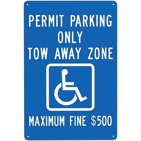 Handicap Parking Sign (Permit Parking Tow-Away $500 Fine) - 8"x12" Metal Security Tin Warning Sign, Accessibility Decor for Street Business Home Parking Lot
