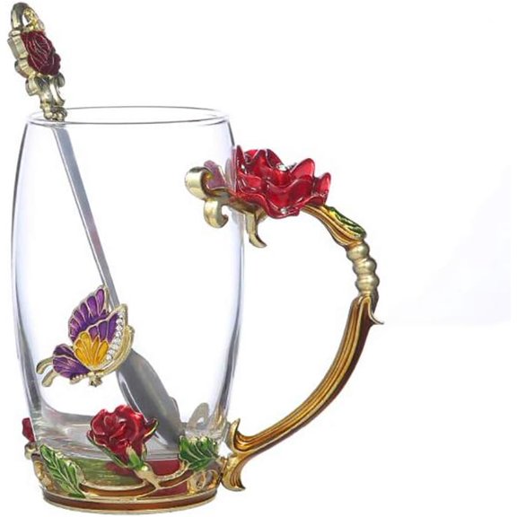 Handicraft Crystal Glass 3D Flower Cups Tea Mug With Tea Spoon Women Coffee, Tea, Juice, Beer, Milk Hot And Cold Drinks Use Gift Package. (Red Rose-Tal)
