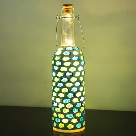 Handicraft Decorative Wine Bottle Light Battery Powered Ocean Theme Blue Fish Mosaic 15LEDs Fairy Lights Mini Copper Wire Bottle Light for Indoor Home Coffe Bar Party Wedding