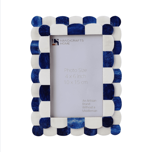 Handicrafts Home 4x6 Picture Frame Blue & White, Scalloped Bone Inlay Photo Frame, Handmade Decorative Picture Frame for Wall or Tabletop, Coastal Modern Home Decor