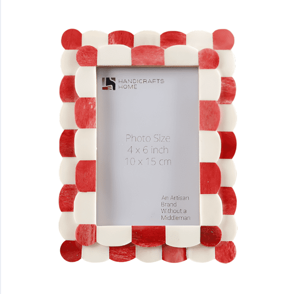 Handicrafts Home 4 by 6 Picture Frame, Red White Handmade Scallop pattern Bone inlay Photo Frame for Wall & Tabletop, Farmhouse Vintage Home Decor, Gallery Wall & Desk Decor, Family Picture Frame