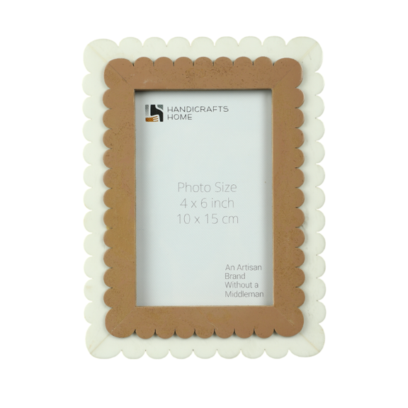Handicrafts Home 4x6 Photo Frame – Brown & White Resin Inlay Pine MDF Picture Frame with Scalloped Pattern Inspired for Wall & Tabletop- Small Decorative Frame for Home Decor, Office Desk or Shelf