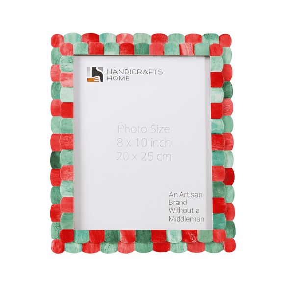 Handicrafts Home 8x10 Picture Frame, Green Red Handmade Scallop pattern Bone inlay Photo Frame for Wall & Tabletop, Boho Vintage Home Decor, Gallery Wall & Desk Decor, Family Picture Frame Fall decor