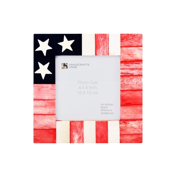 Handicrafts Home American Flag Picture Frame 4x4, Handcrafted Resin & Bone Inlay Photo Frame for Tabletop or Wall Display, Americana Home Decor for Office Living Room