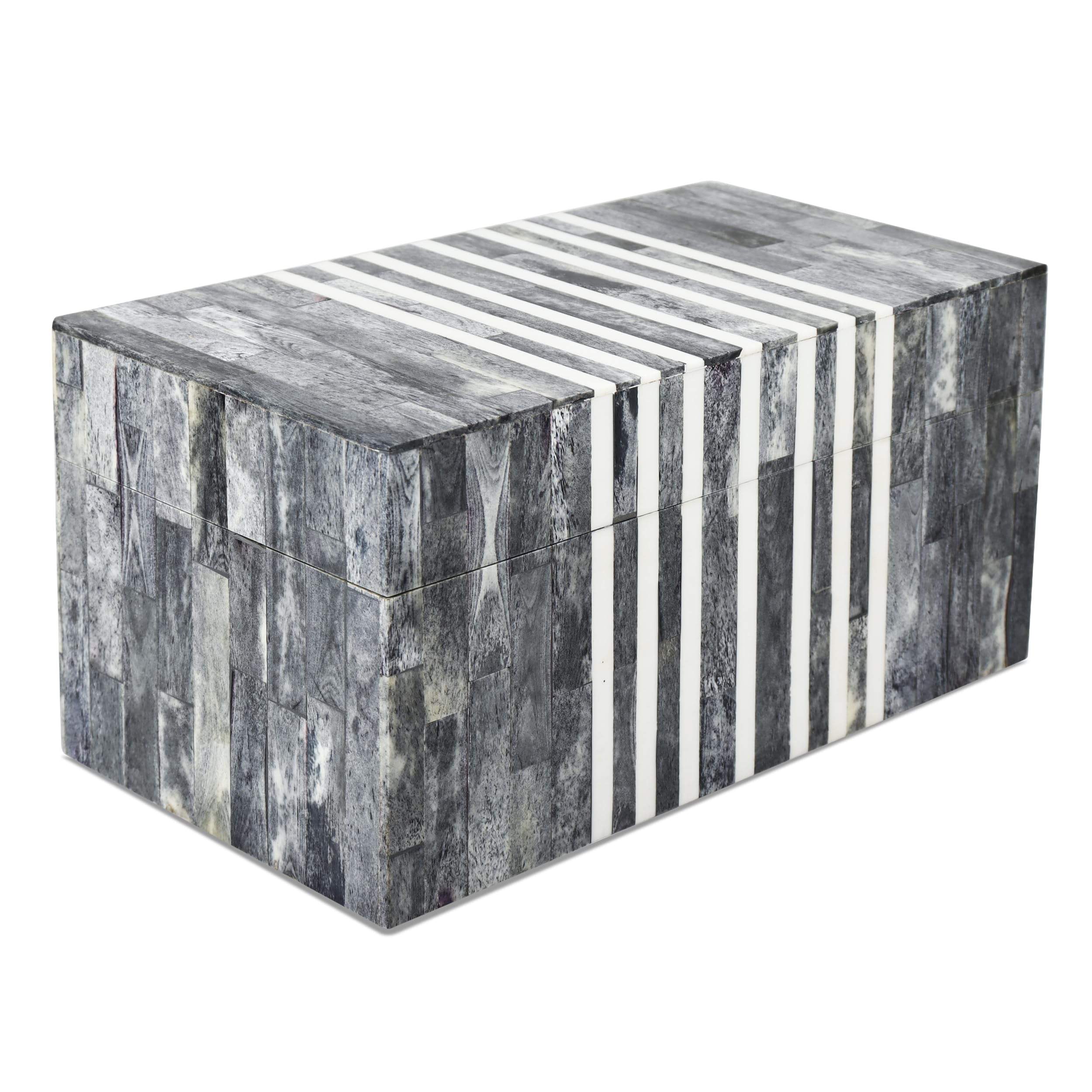 Gray and White Bone Inlay Wooden Lidded Box, 10x2.5x1.5 inch