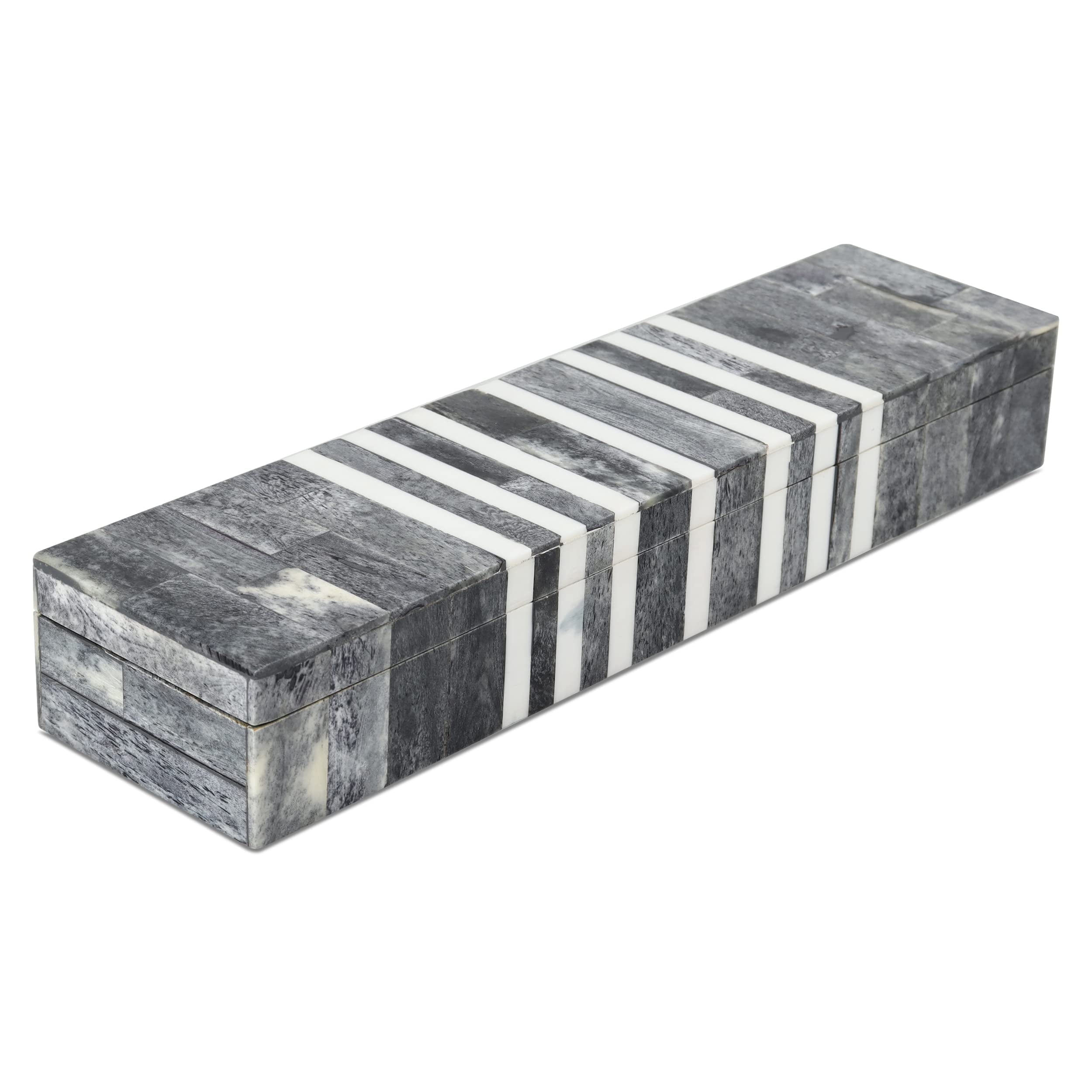 Gray and White Bone Inlay Wooden Lidded Box, 10x2.5x1.5 inch