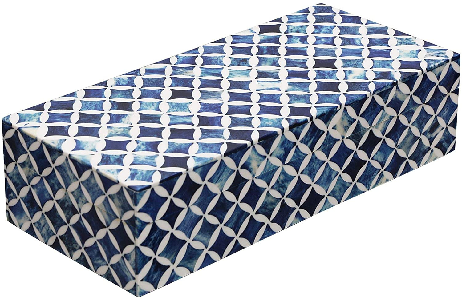 Handmade Blue and White Bone Inlay Decorative Lidded Box, 10x4.5x2.5 Inch