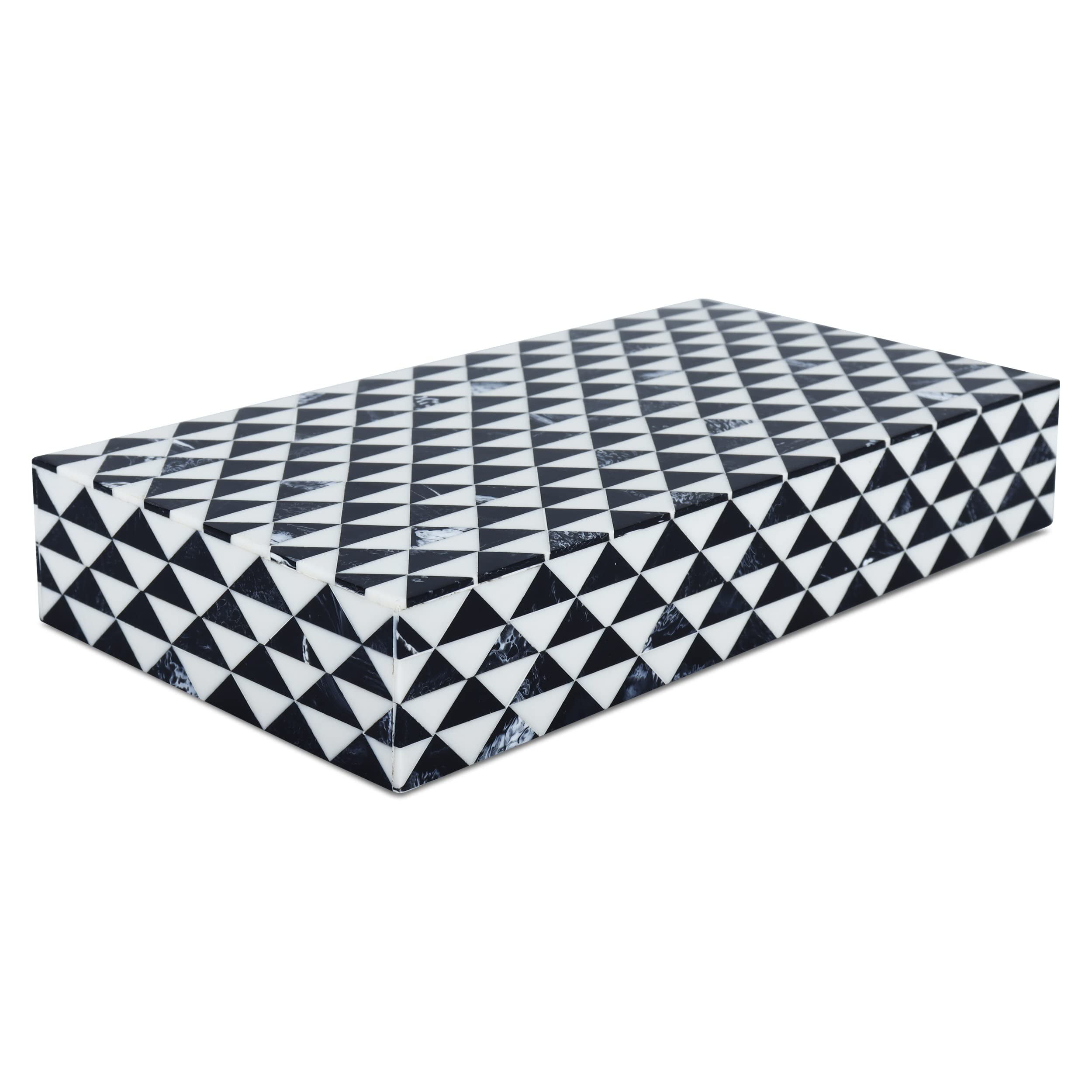 Black and White Marquet Prism Wooden Lidded Box 12x6x2