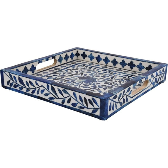 Handicrafts Home Moroccan Pattern Inspired Trays Ideal Ottoman Multipurpose Serving Tray or Simply Use as a Decorative Trays (12x12 Inches, Medio Azul)